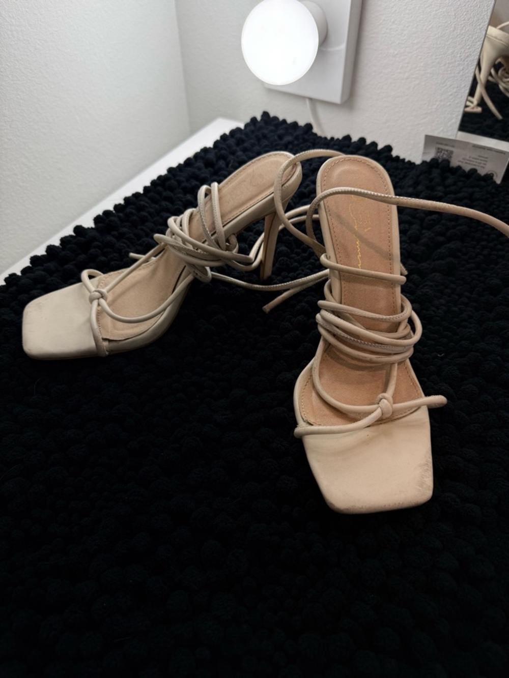 Unk Beige Strappy Lace-Up Square Toe Heels